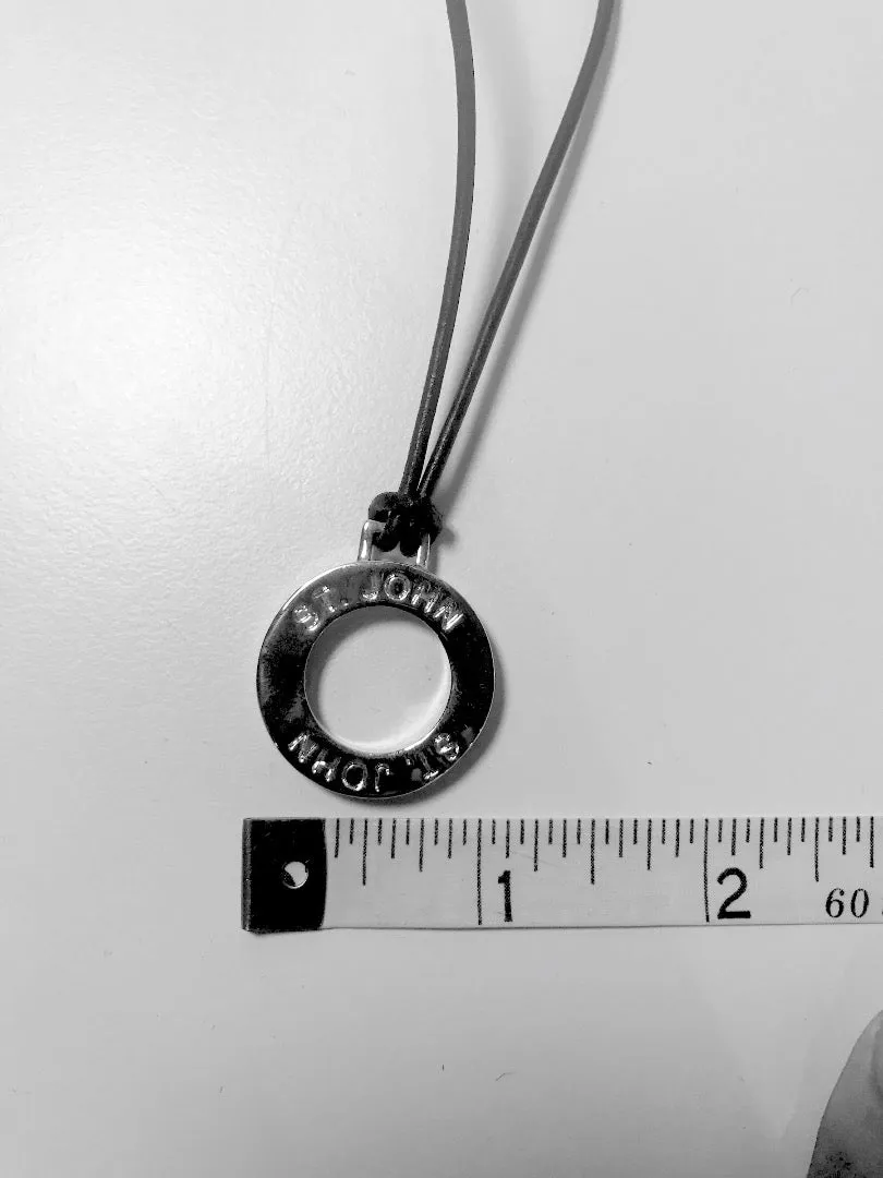 ST. JOHN Silver Tone Circle Pendant and Thin Leather Necklace