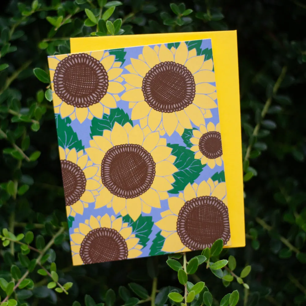 sunflower pattern blank greeting card, sunflower stationery greeting card, bright yellow sunflower art, all occasion greeting card