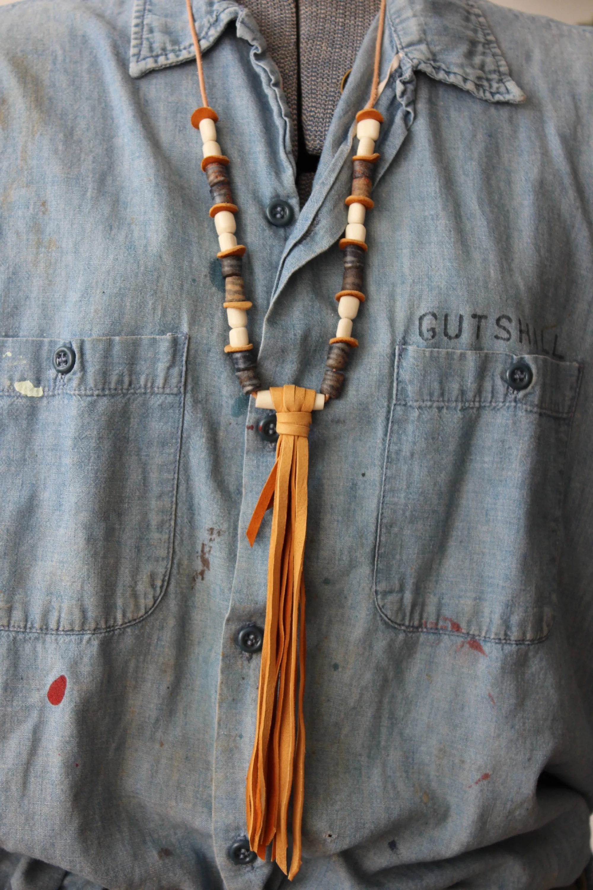 The Highlands Foundry Indigo Trade bead  Deerskin Fringe Necklace THF93