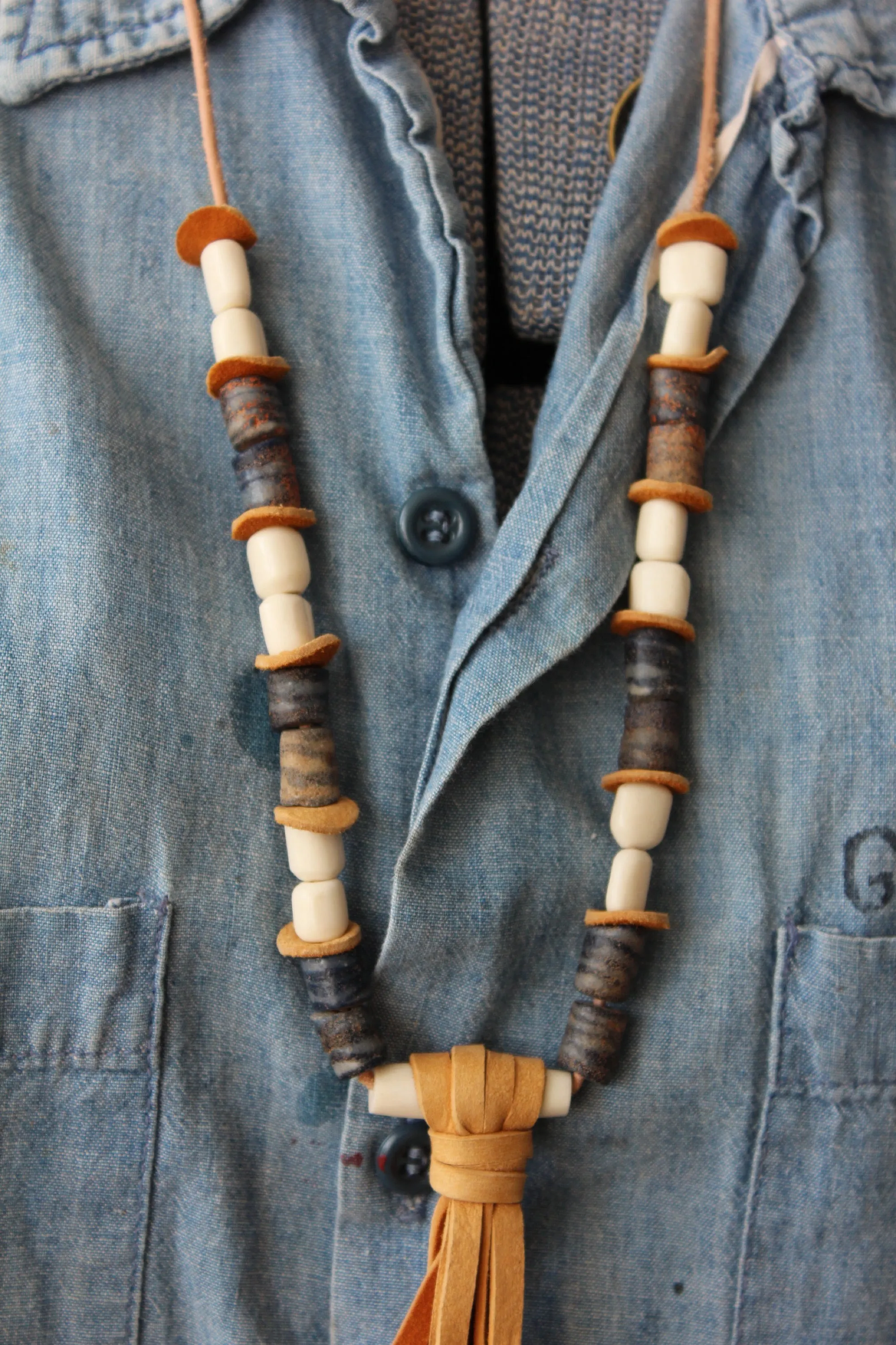 The Highlands Foundry Indigo Trade bead  Deerskin Fringe Necklace THF93