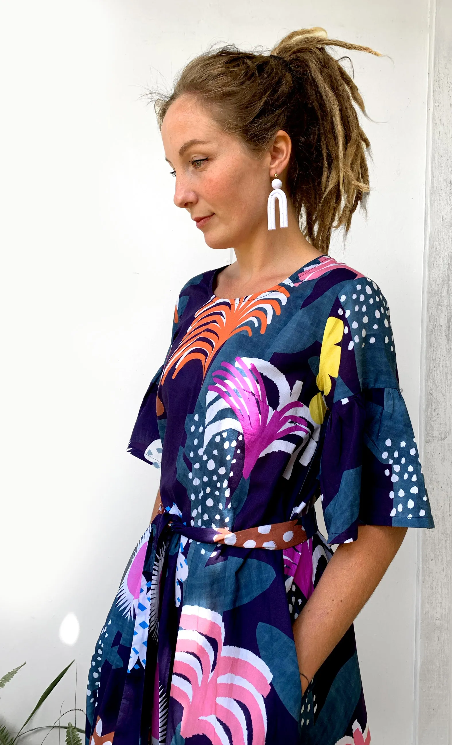 Tropical Garden 100% cotton dress with tie