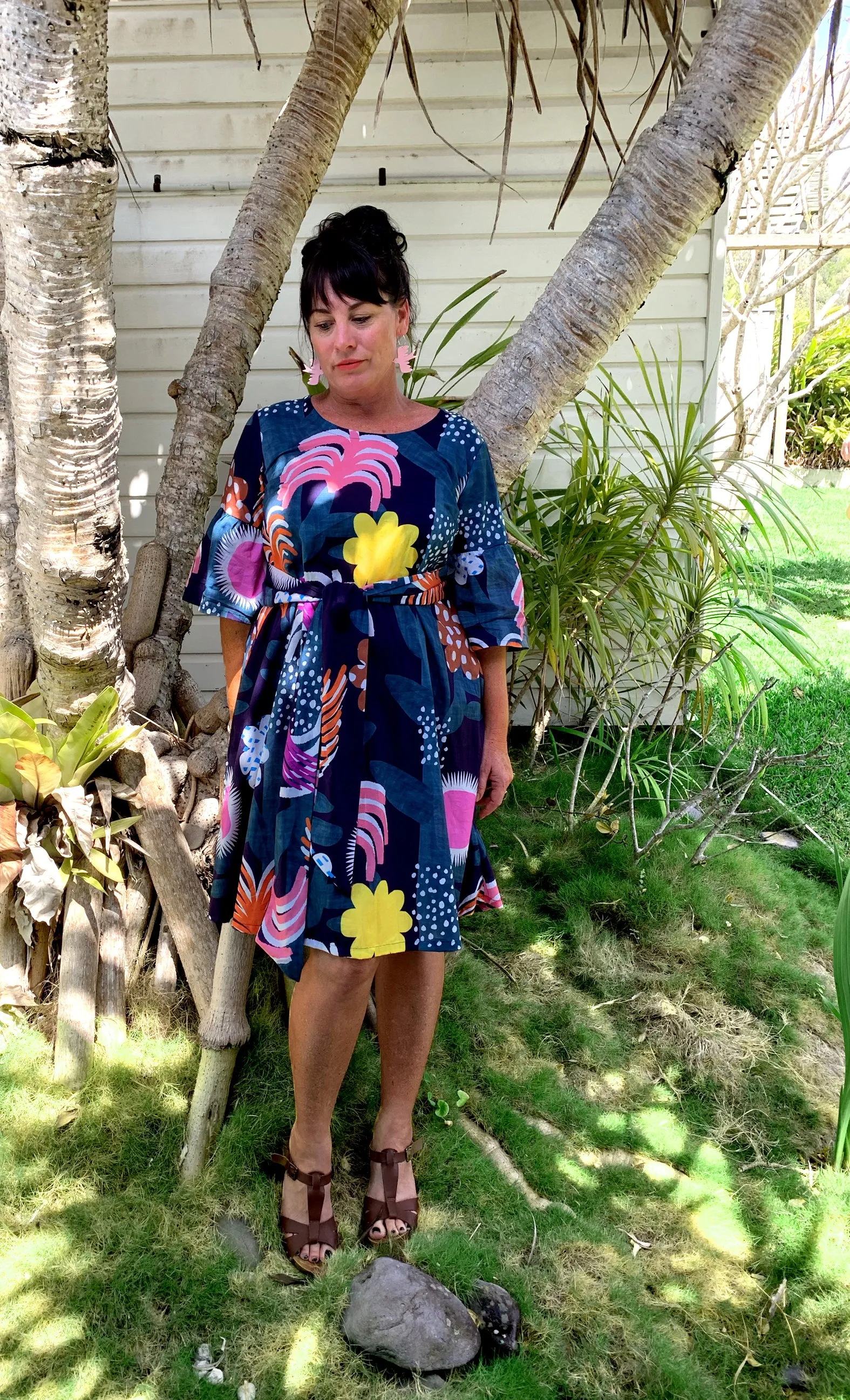 Tropical Garden 100% cotton dress with tie