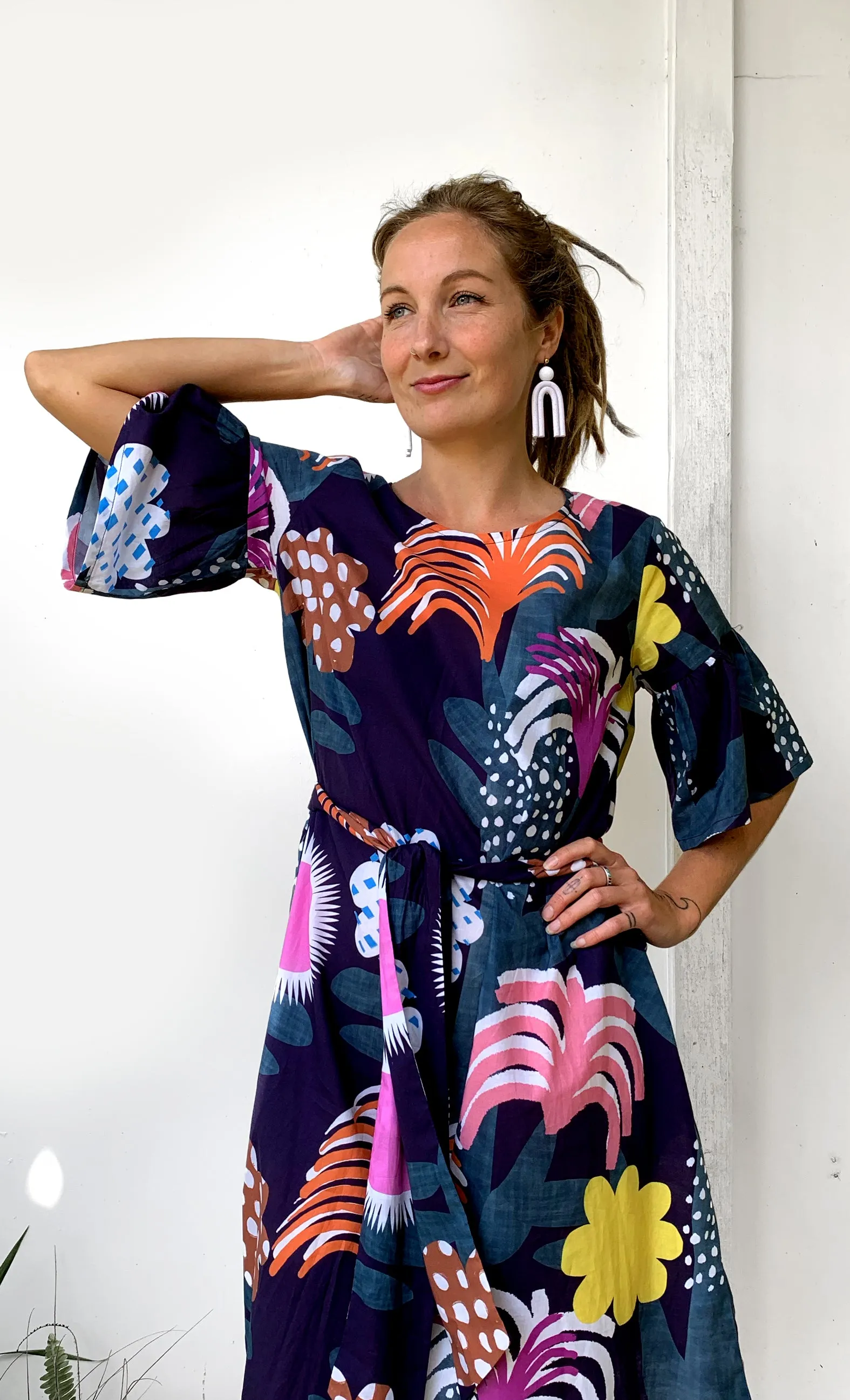 Tropical Garden 100% cotton dress with tie