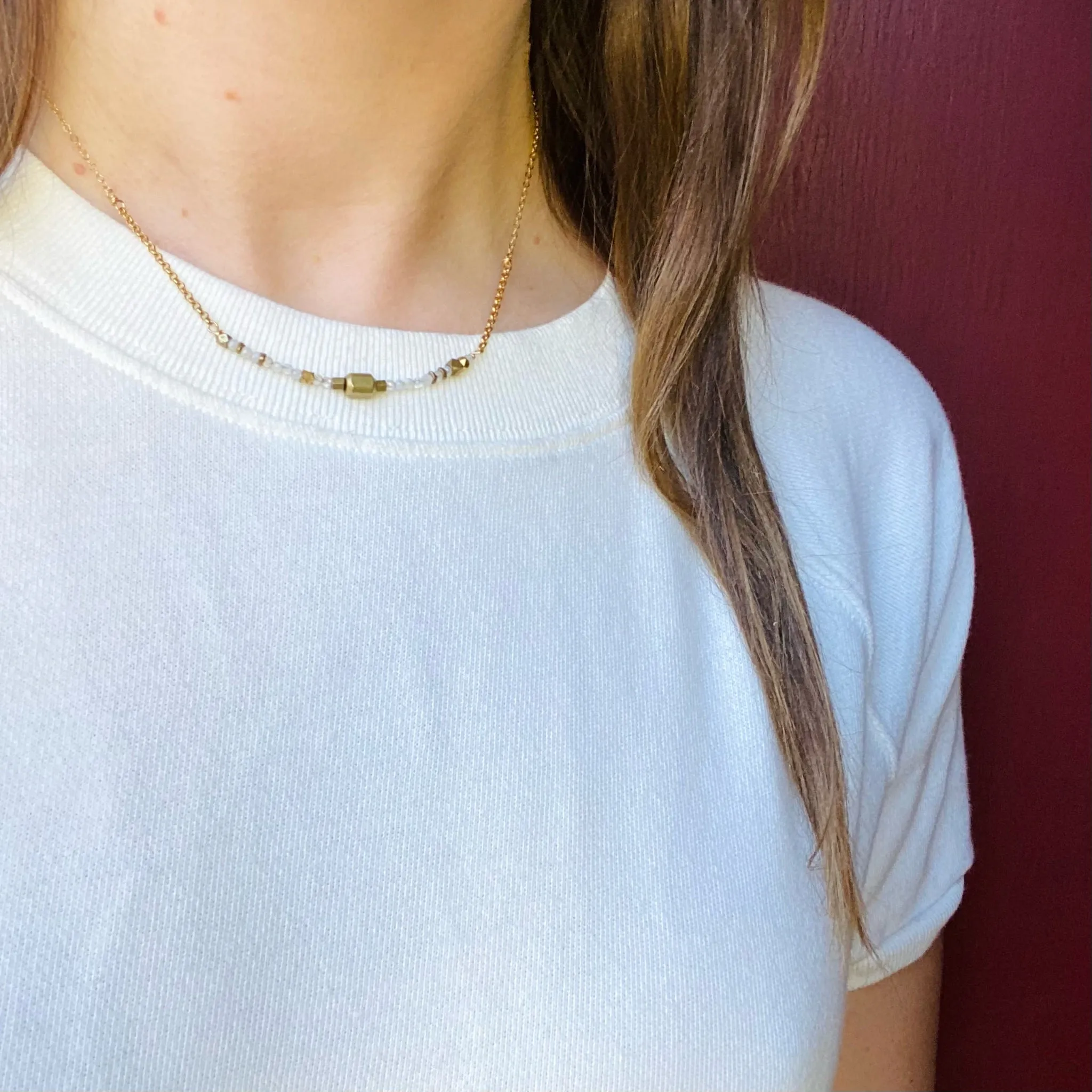 Turquoise & Brass Bead Arc Necklace by Brin
