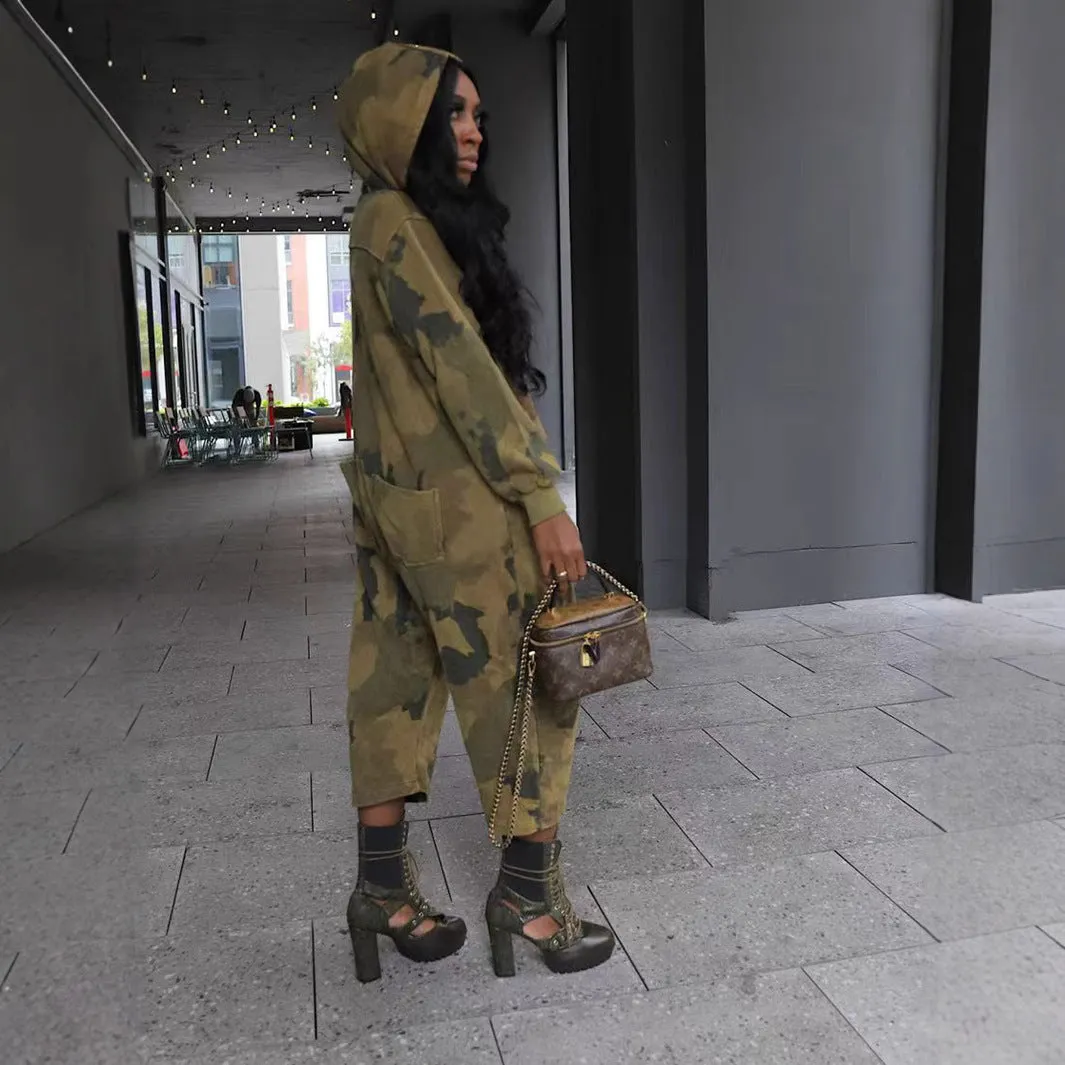 Urban Street-Style Camouflage Utility Zip-Up Jumpsuit with Pockets