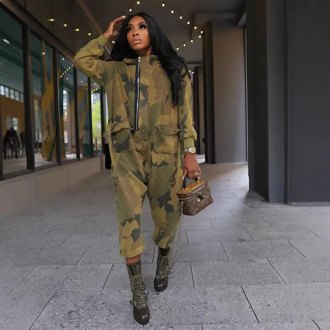 Urban Street-Style Camouflage Utility Zip-Up Jumpsuit with Pockets