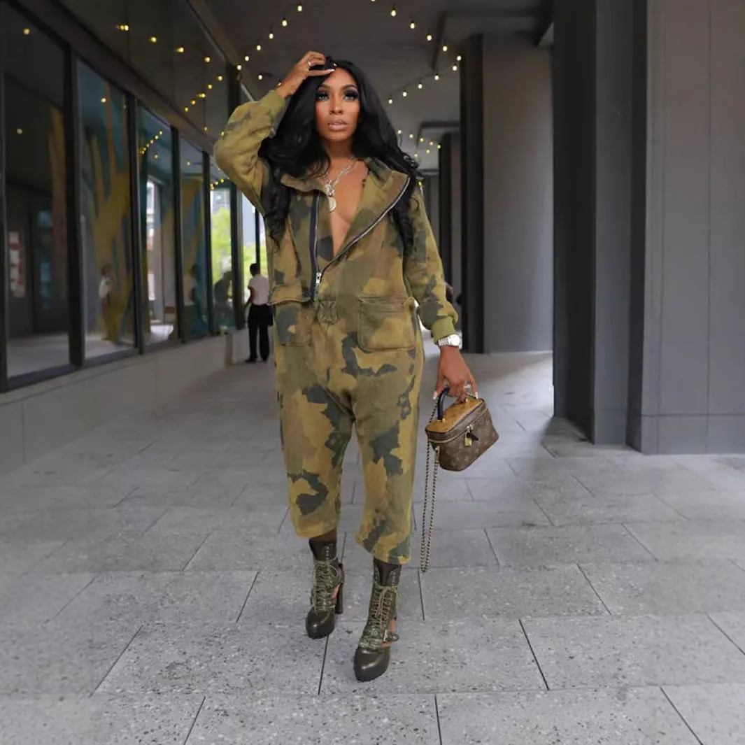 Urban Street-Style Camouflage Utility Zip-Up Jumpsuit with Pockets