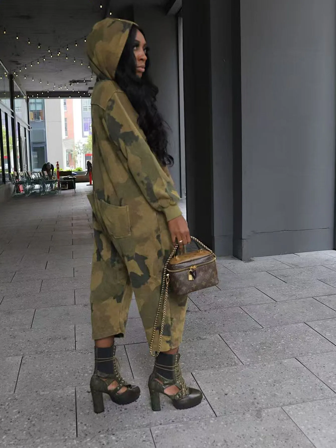 Urban Street-Style Camouflage Utility Zip-Up Jumpsuit with Pockets