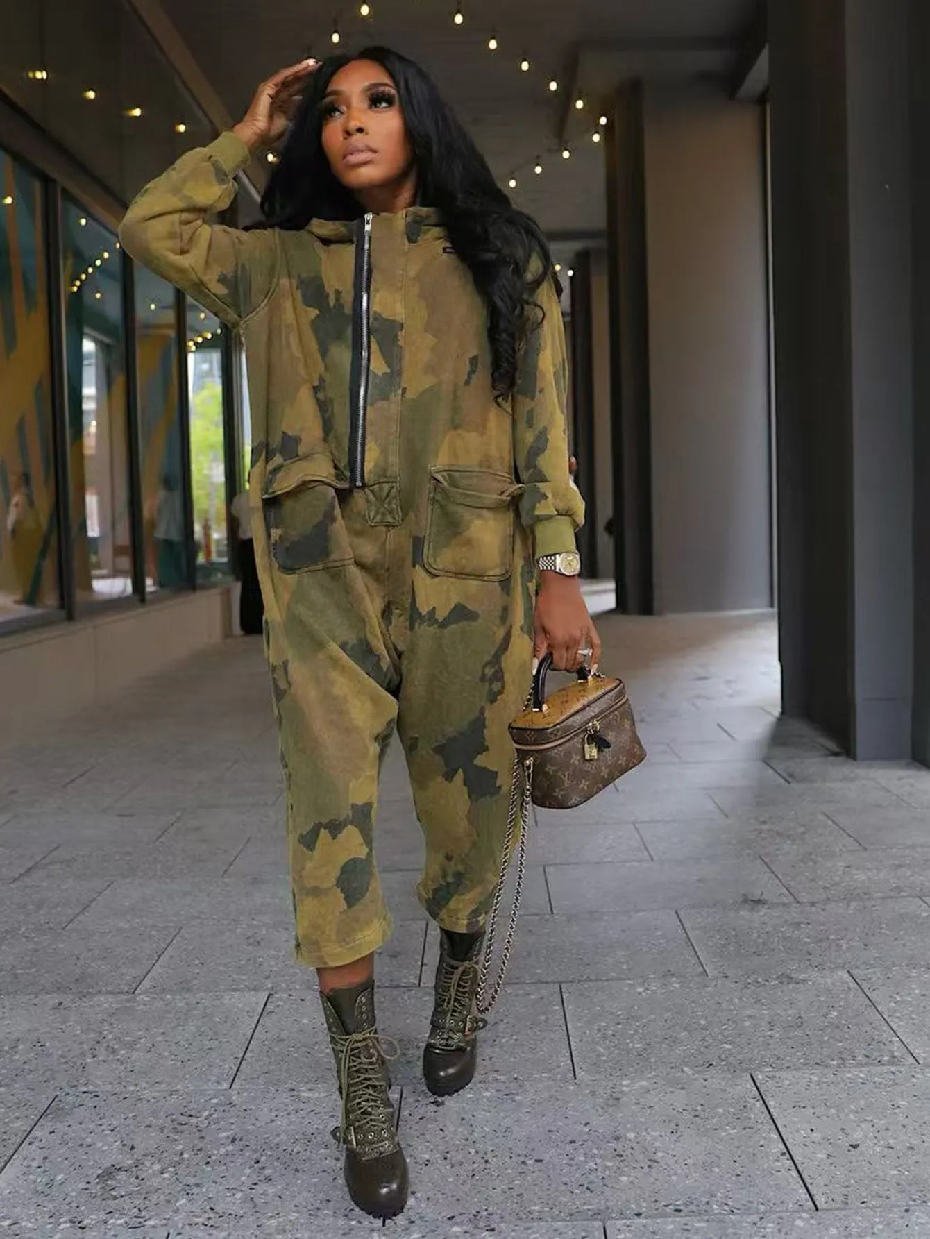 Urban Street-Style Camouflage Utility Zip-Up Jumpsuit with Pockets