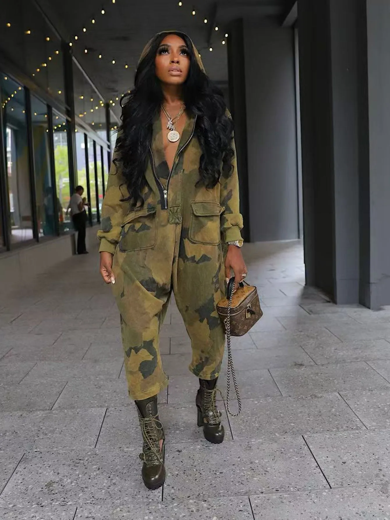 Urban Street-Style Camouflage Utility Zip-Up Jumpsuit with Pockets