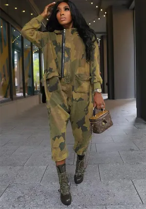 Urban Street-Style Camouflage Utility Zip-Up Jumpsuit with Pockets