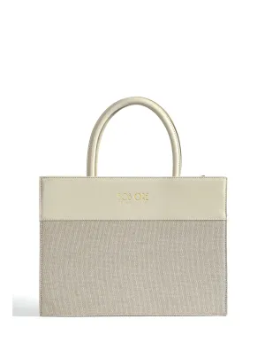 Victoria Tote Leather Canvas Combo Bag, White