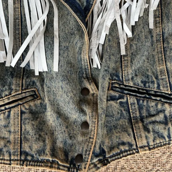 Vintage 1980s Denim &amp; Leather Western Jacket Fringe Crop Acid Stonewashed Boho S