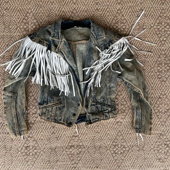 Vintage 1980s Denim &amp; Leather Western Jacket Fringe Crop Acid Stonewashed Boho S