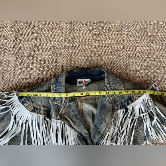 Vintage 1980s Denim &amp; Leather Western Jacket Fringe Crop Acid Stonewashed Boho S