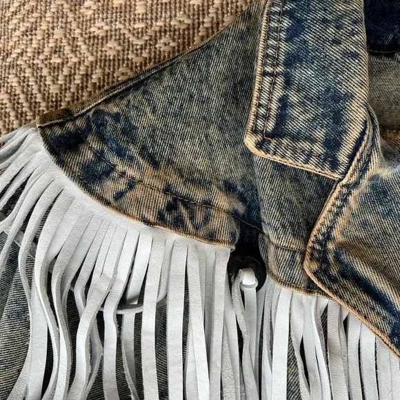 Vintage 1980s Denim &amp; Leather Western Jacket Fringe Crop Acid Stonewashed Boho S