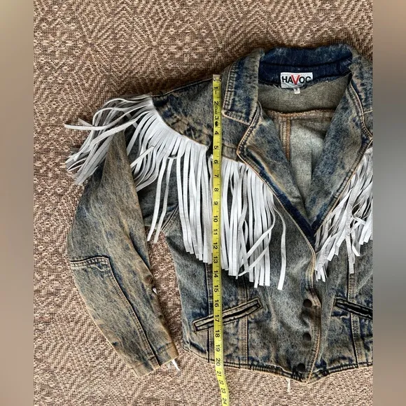 Vintage 1980s Denim &amp; Leather Western Jacket Fringe Crop Acid Stonewashed Boho S