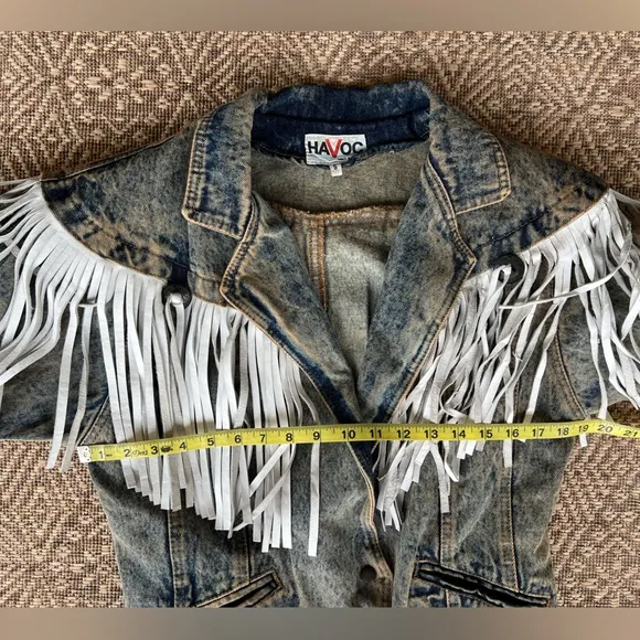 Vintage 1980s Denim &amp; Leather Western Jacket Fringe Crop Acid Stonewashed Boho S