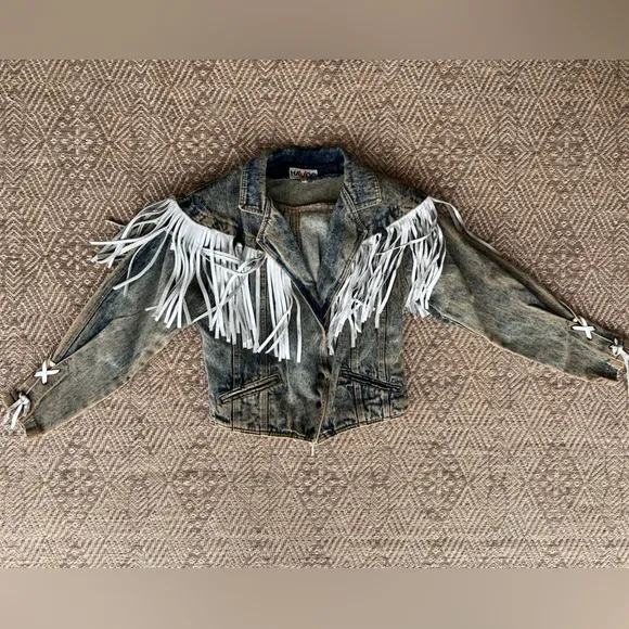 Vintage 1980s Denim &amp; Leather Western Jacket Fringe Crop Acid Stonewashed Boho S