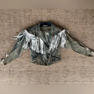 Vintage 1980s Denim &amp; Leather Western Jacket Fringe Crop Acid Stonewashed Boho S