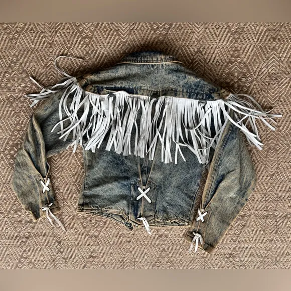 Vintage 1980s Denim &amp; Leather Western Jacket Fringe Crop Acid Stonewashed Boho S