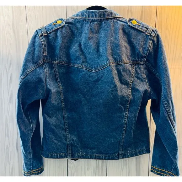 Vintage 1980s Denim Jean Jacket Womens Medium Cropped Shoulder Pad Gold Button
