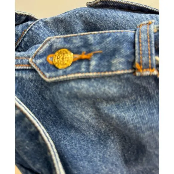 Vintage 1980s Denim Jean Jacket Womens Medium Cropped Shoulder Pad Gold Button