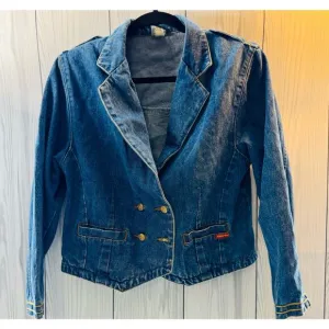 Vintage 1980s Denim Jean Jacket Womens Medium Cropped Shoulder Pad Gold Button