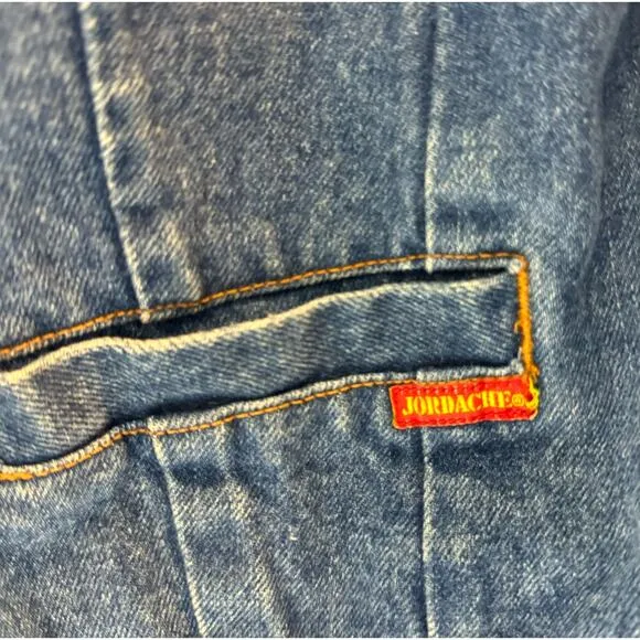 Vintage 1980s Denim Jean Jacket Womens Medium Cropped Shoulder Pad Gold Button