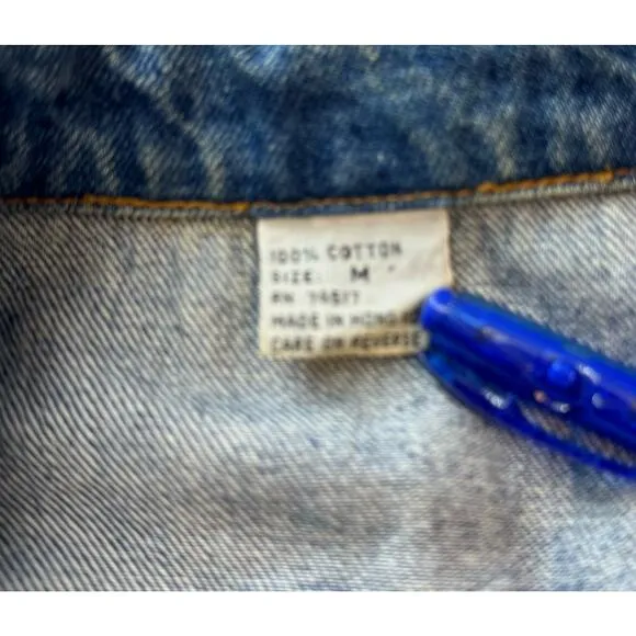 Vintage 1980s Denim Jean Jacket Womens Medium Cropped Shoulder Pad Gold Button