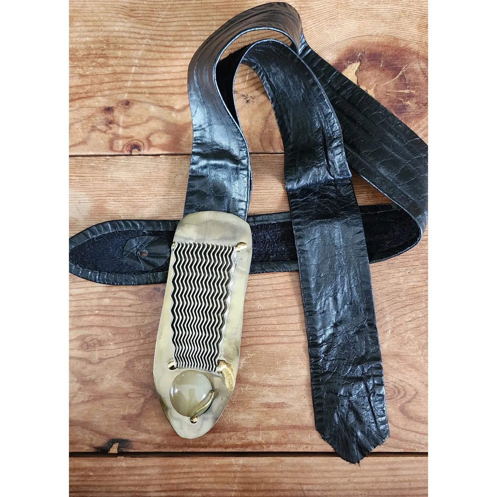 Vintage 80s Belt Artisinal Avant Garde Brass Buckle Signed