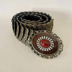 Vintage antiqued brass plate elastic belt with rhinestone medallion buckle (HT2506)