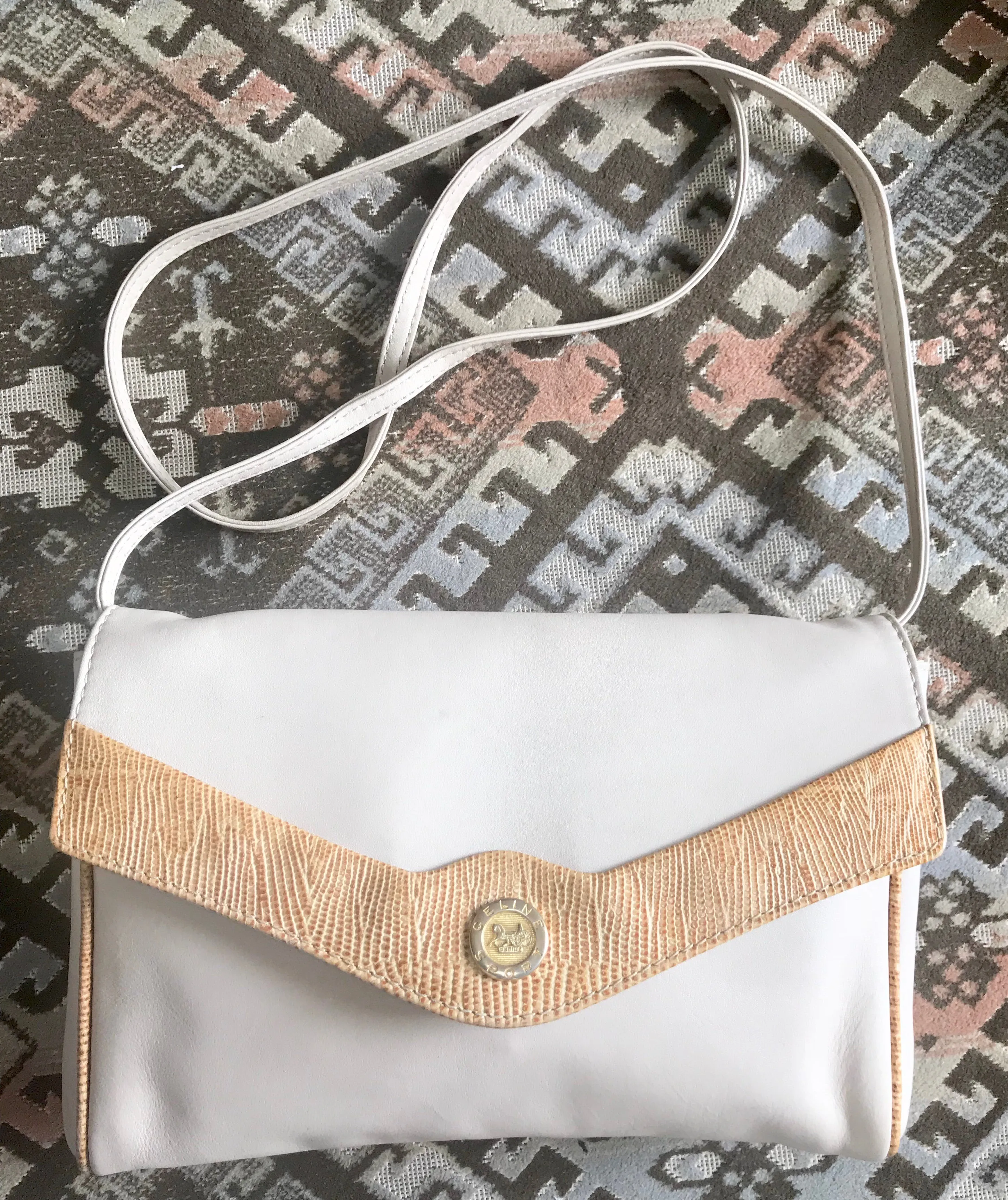 Vintage Celine ivory beige and brown lizard embossed leather combo shoulder bag, clutch purse with golden logo. Celine Sport collection.