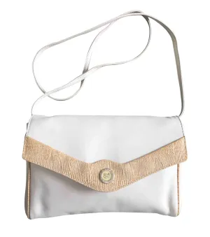 Vintage Celine ivory beige and brown lizard embossed leather combo shoulder bag, clutch purse with golden logo. Celine Sport collection.
