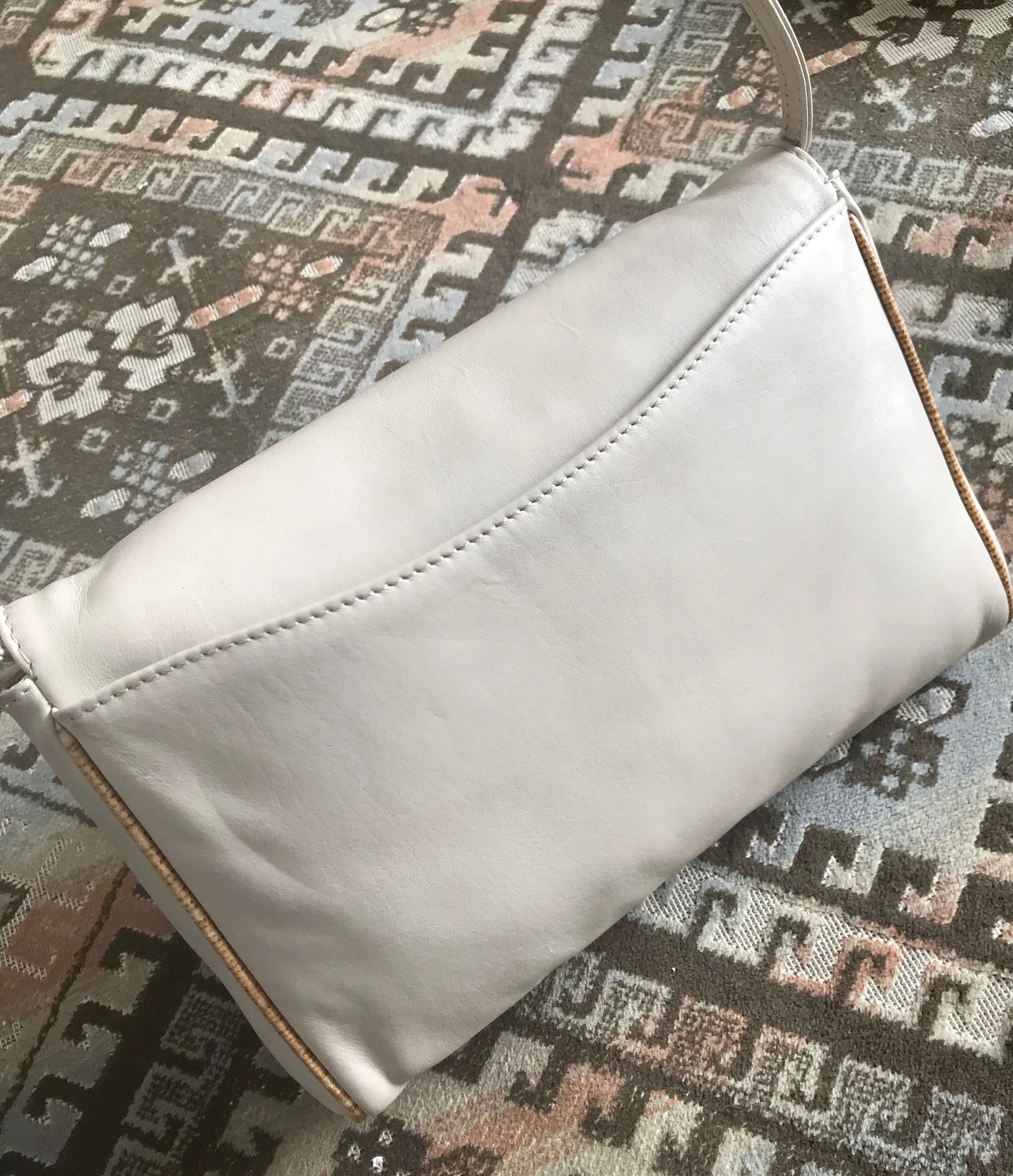 Vintage Celine ivory beige and brown lizard embossed leather combo shoulder bag, clutch purse with golden logo. Celine Sport collection.