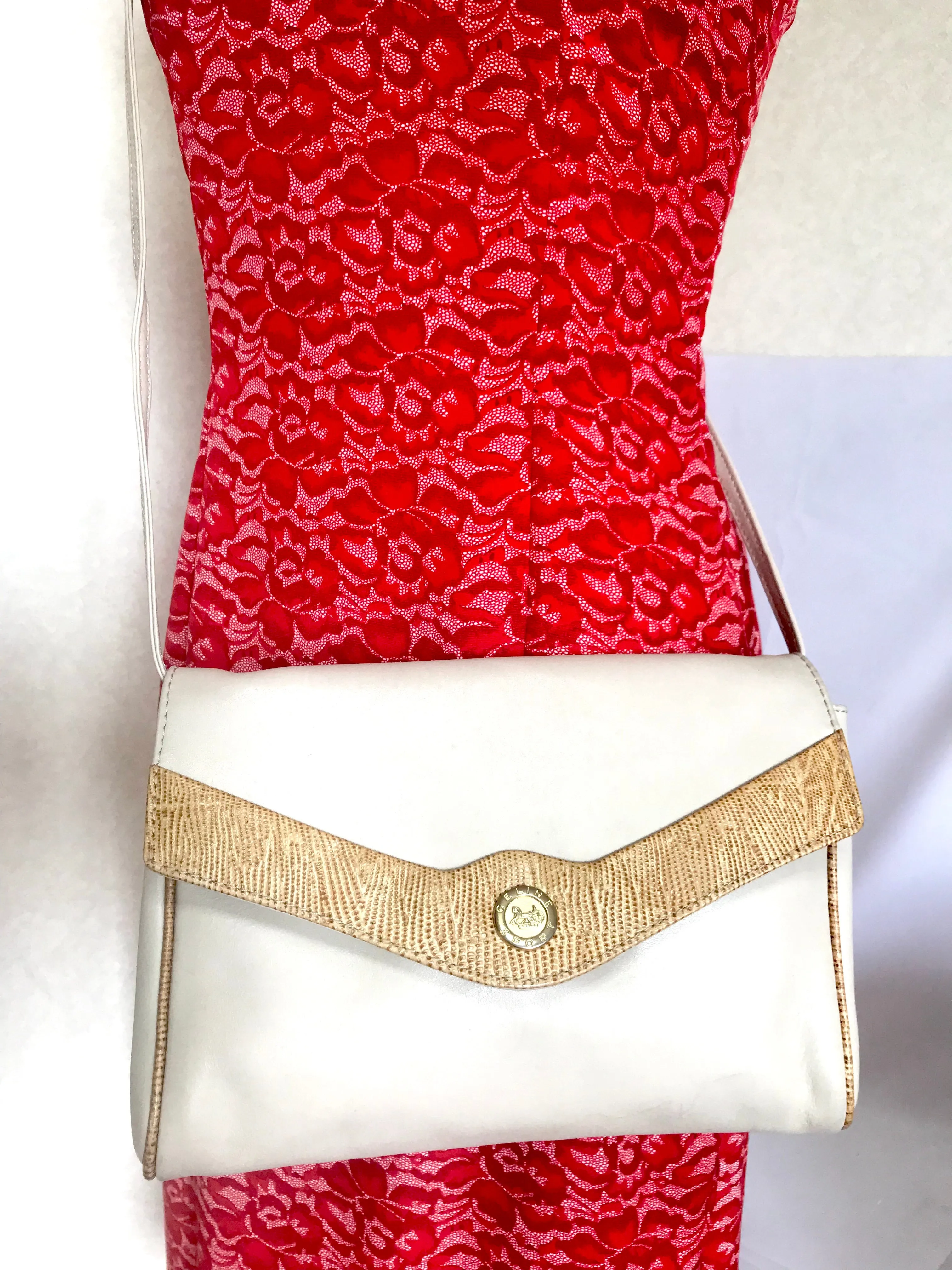 Vintage Celine ivory beige and brown lizard embossed leather combo shoulder bag, clutch purse with golden logo. Celine Sport collection.