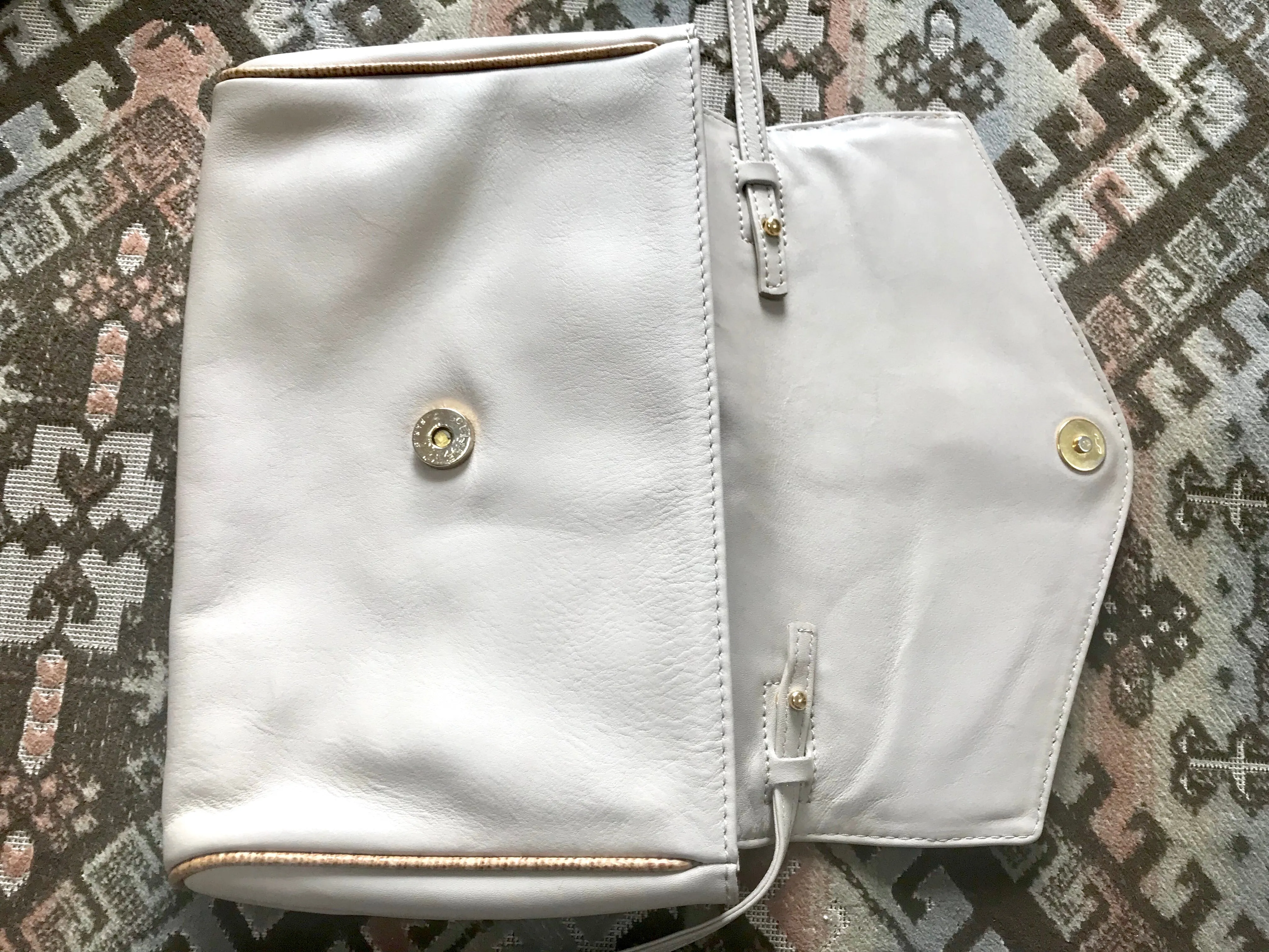 Vintage Celine ivory beige and brown lizard embossed leather combo shoulder bag, clutch purse with golden logo. Celine Sport collection.