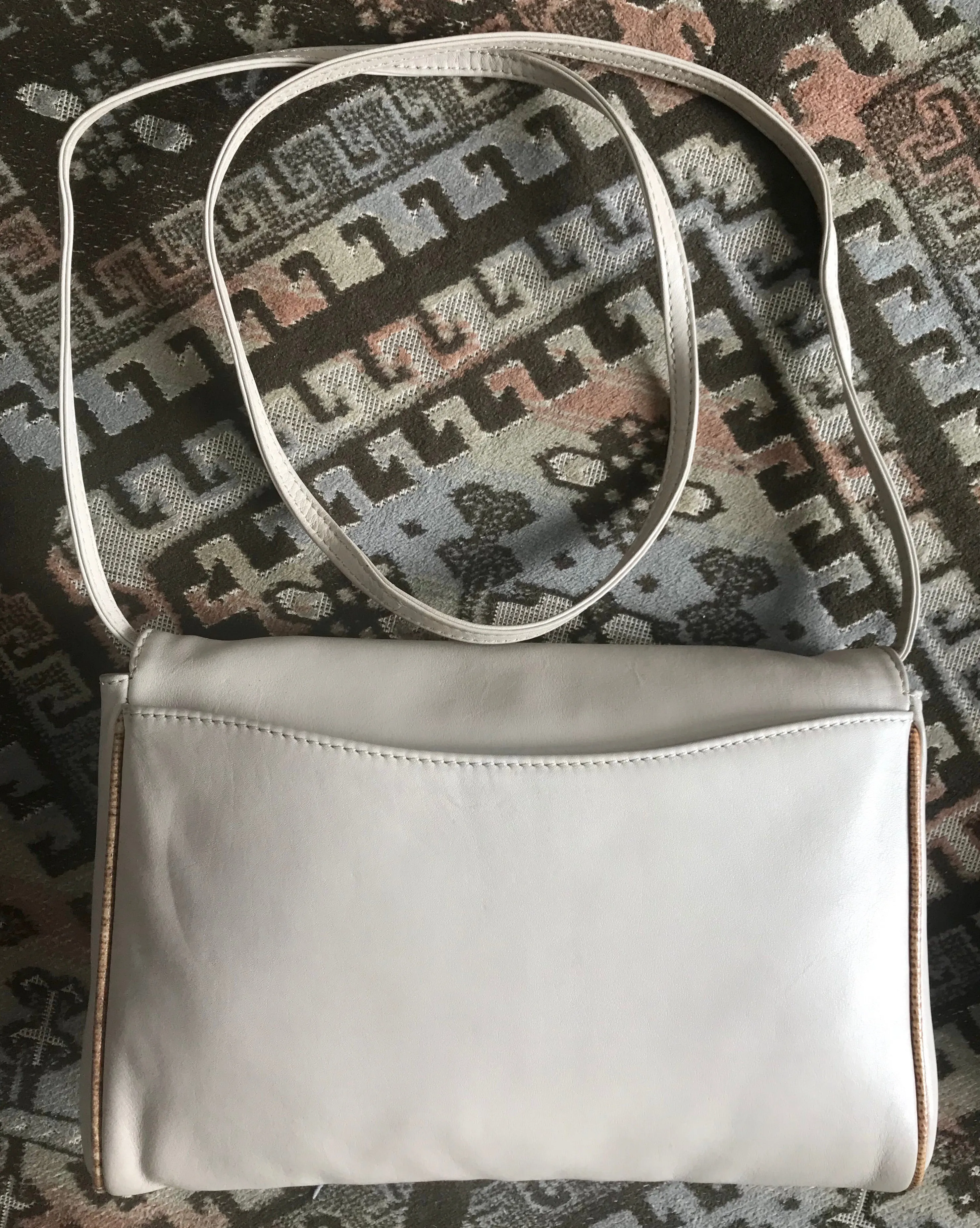 Vintage Celine ivory beige and brown lizard embossed leather combo shoulder bag, clutch purse with golden logo. Celine Sport collection.
