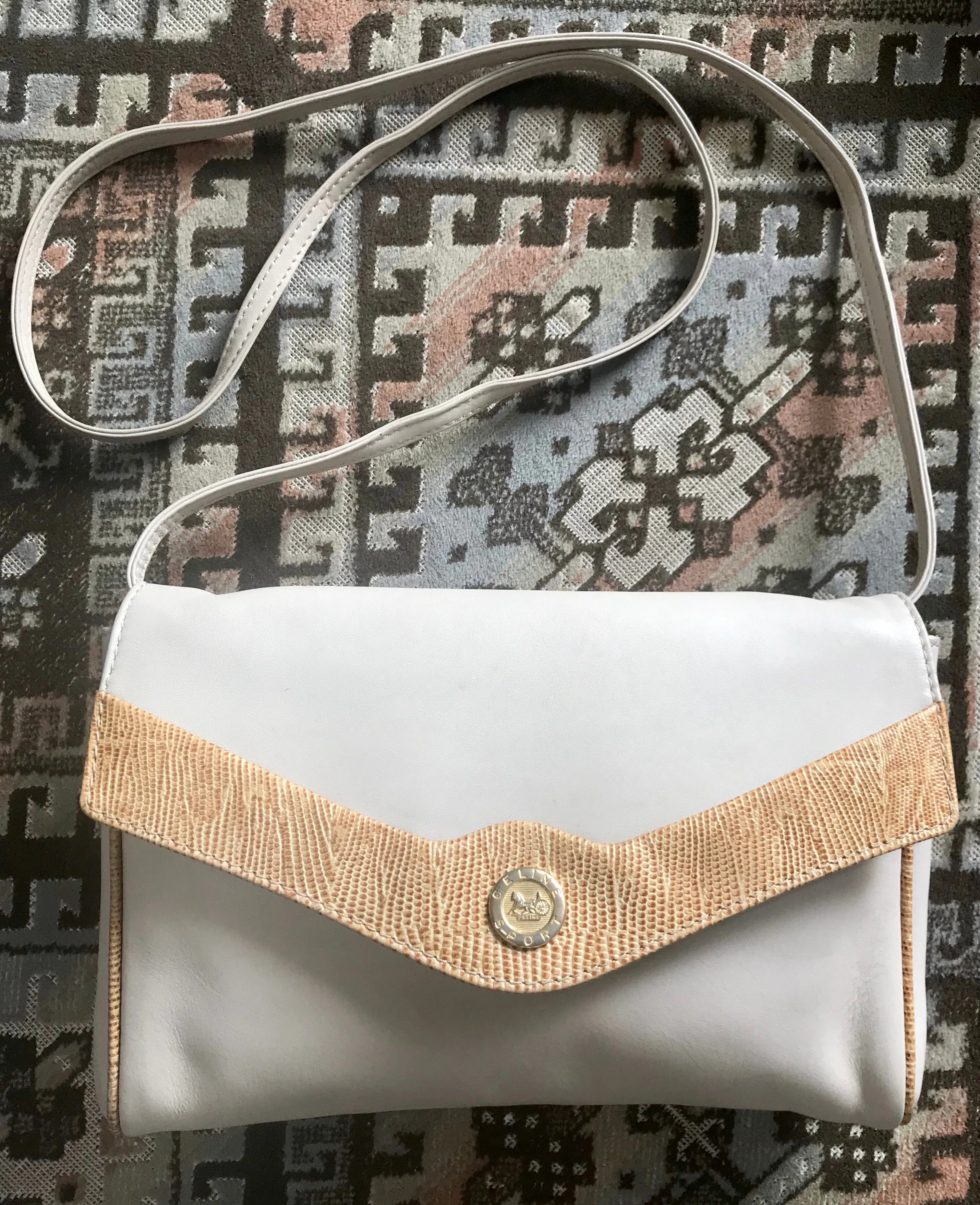 Vintage Celine ivory beige and brown lizard embossed leather combo shoulder bag, clutch purse with golden logo. Celine Sport collection.