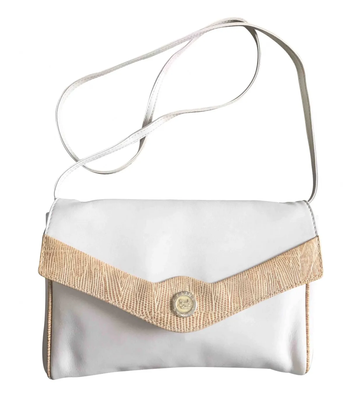 Vintage Celine ivory beige and brown lizard embossed leather combo shoulder bag, clutch purse with golden logo. Celine Sport collection.