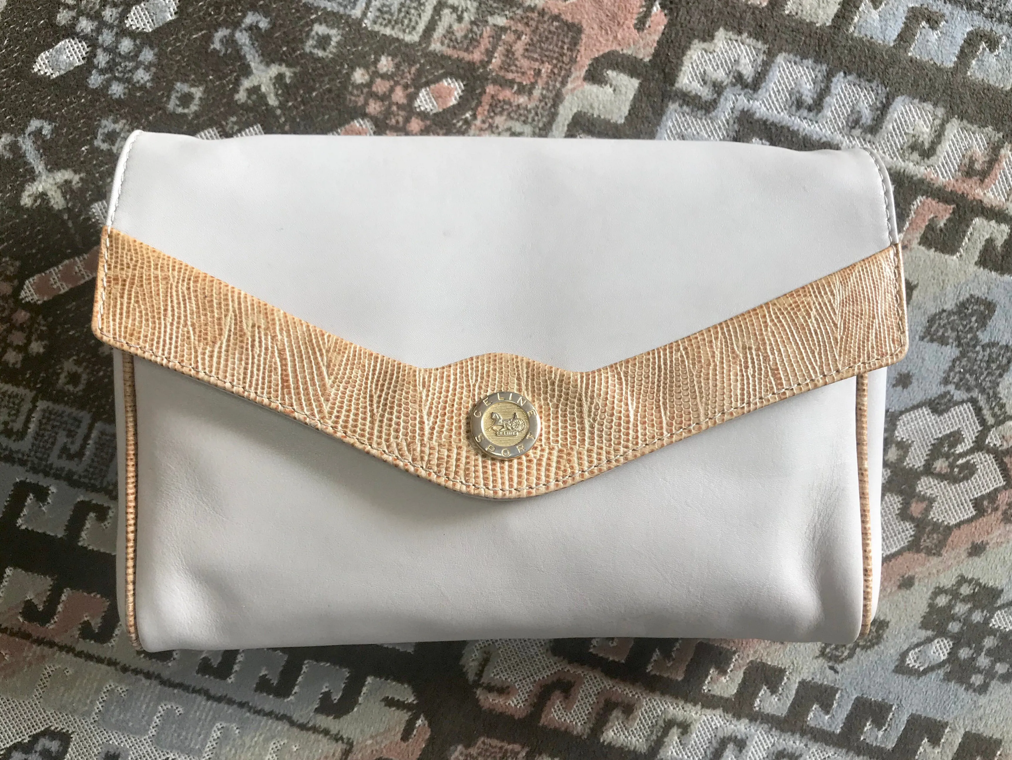 Vintage Celine ivory beige and brown lizard embossed leather combo shoulder bag, clutch purse with golden logo. Celine Sport collection.