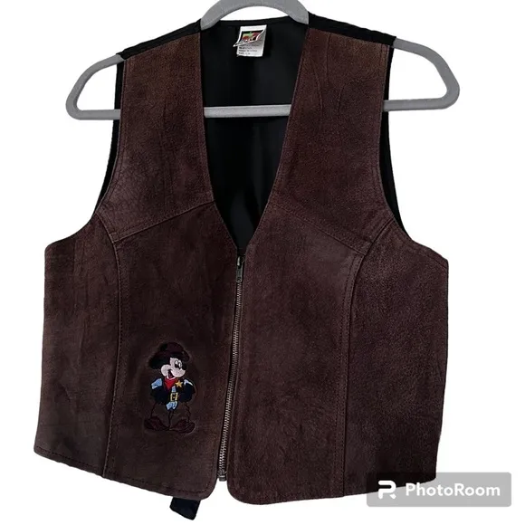 Vintage Disney Embroidered Mickey Mouse Suede Zip Front Vest size S/M