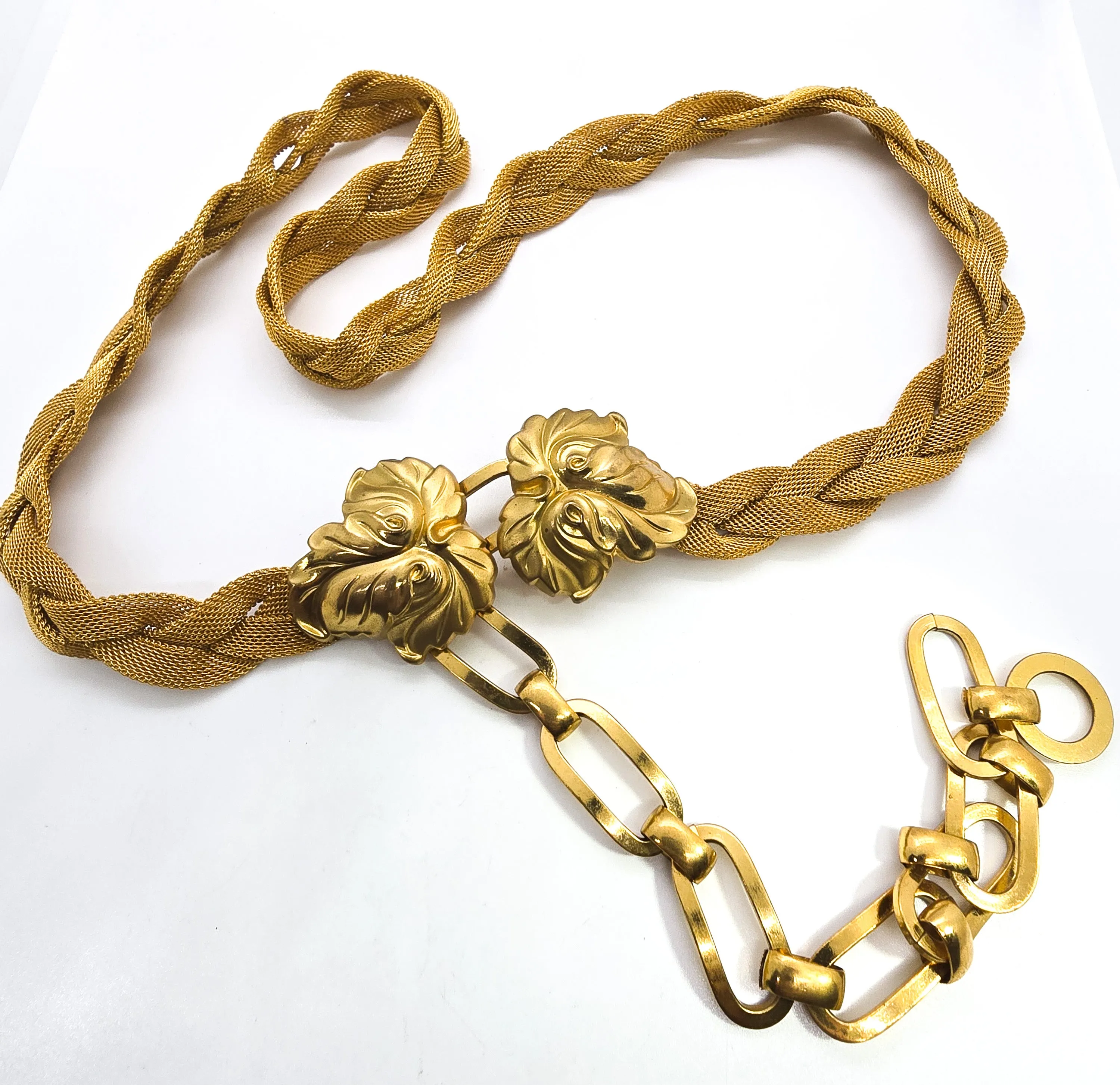 Vintage Double leaf gold toned mesh retro large Modernist buckle belt