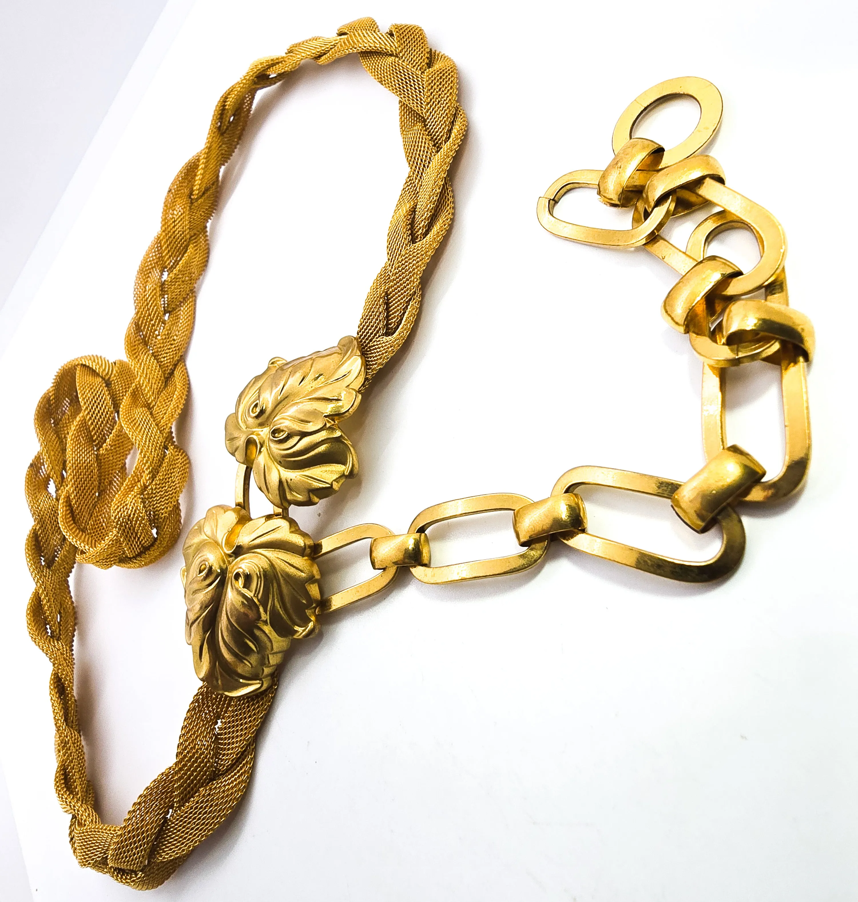 Vintage Double leaf gold toned mesh retro large Modernist buckle belt
