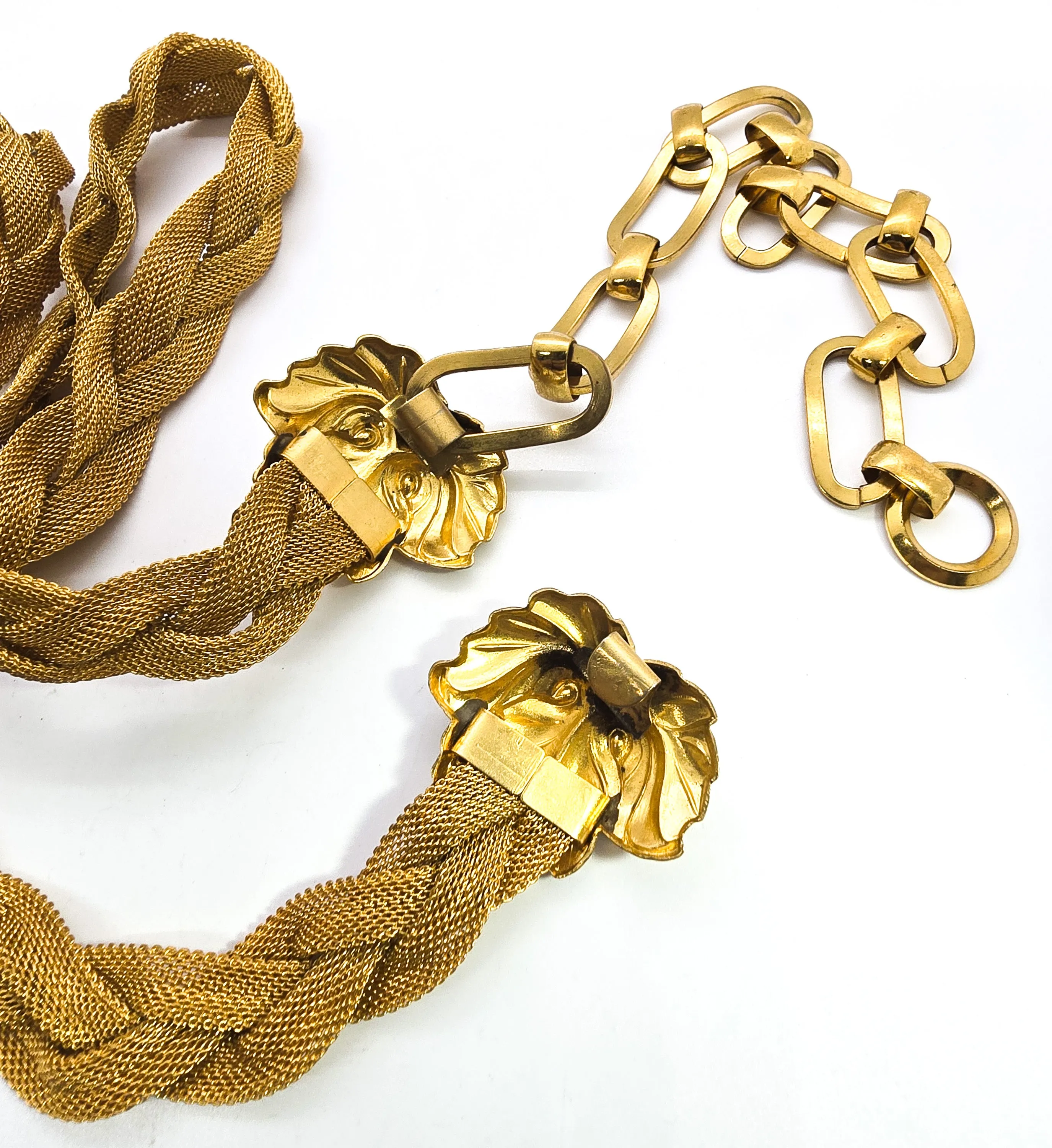 Vintage Double leaf gold toned mesh retro large Modernist buckle belt