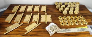 Vintage P E Guerin Louis XVI pattern Brass Hinges and Door Knobs Hardware Gant Chandler Estate