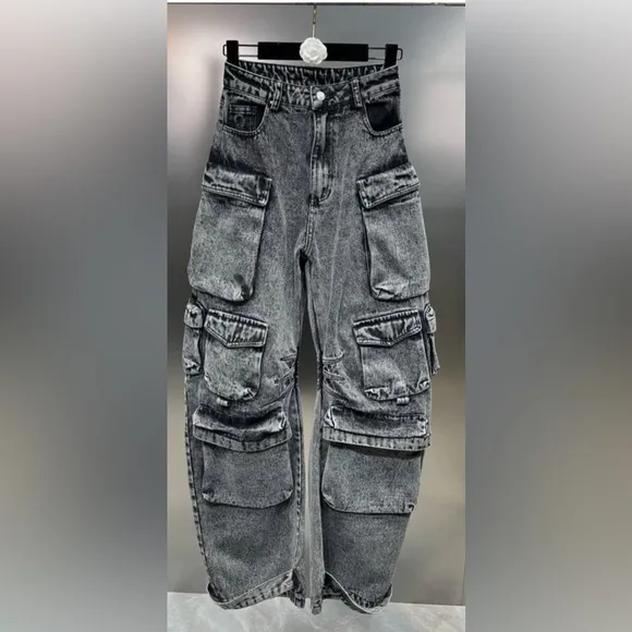 WASHED DENIM TOP-QUALITY MULTIPLE POCKETS DESIGN JEAN WOMEN'S LOOSE