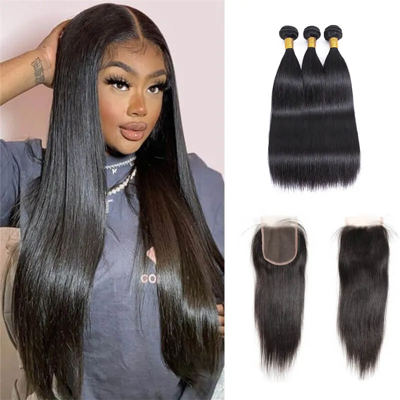 Wavymy Straight Virgin Human Hair 5x5 Lace Closure With 3 Bundles