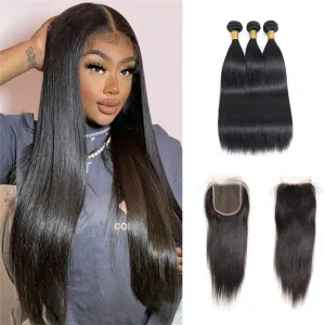 Wavymy Straight Virgin Human Hair 5x5 Lace Closure With 3 Bundles