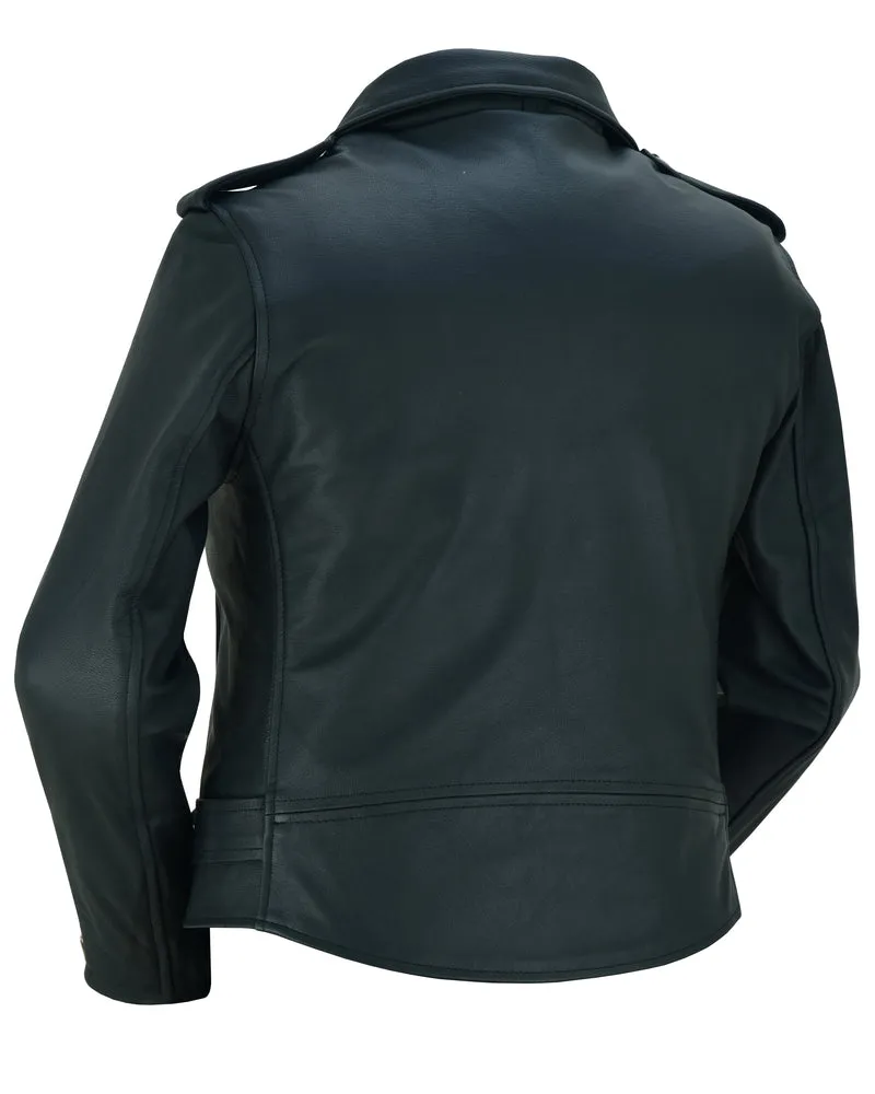 Women's Classic Black Leather Motorcycle Jacket – Adjustable Half Belt